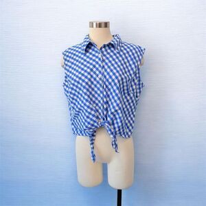 Blair VTG Blue Gingham Shirt Top Blouse Button Up Cropped Tie XL Picnic